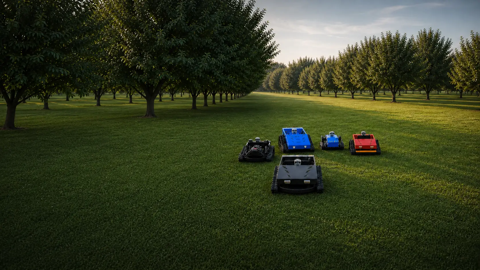 Five WondMower remote-control mowers within a full-width lawn banner