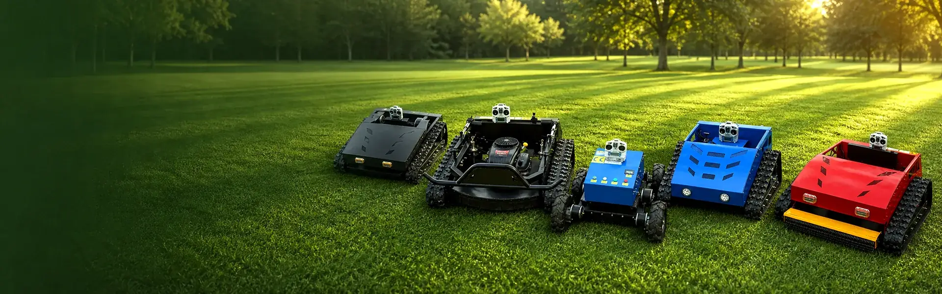 Heavy-duty remote control lawn mower lineup on a green field